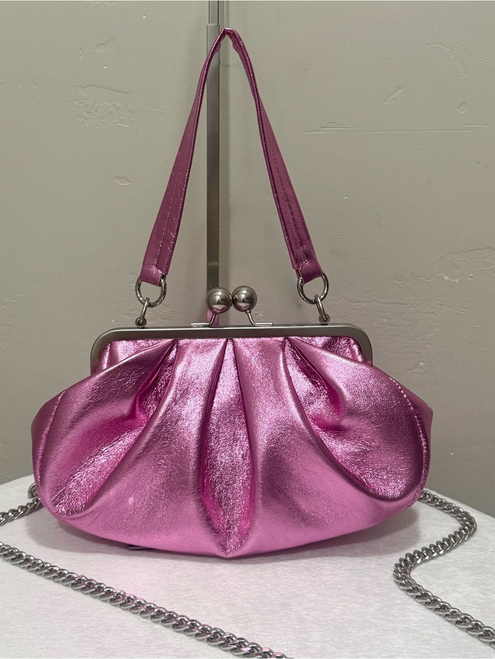 Metallic Pink Lambskin Handmade Kisslock Slouchy Bag/Clutch/Wristlet/Crossbody